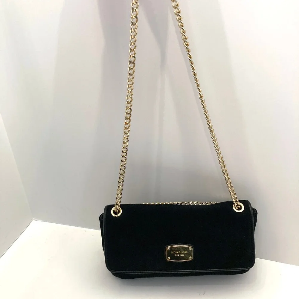 Michael Kors Purse Handbag Crossbody Black Suede Sliding Gold Chain Strap